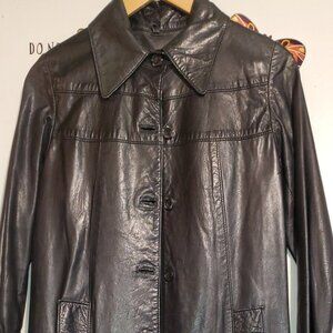 VINTAGE LE MOUFLON BLACK LEATHER LONG COAT, SIZE 7/8